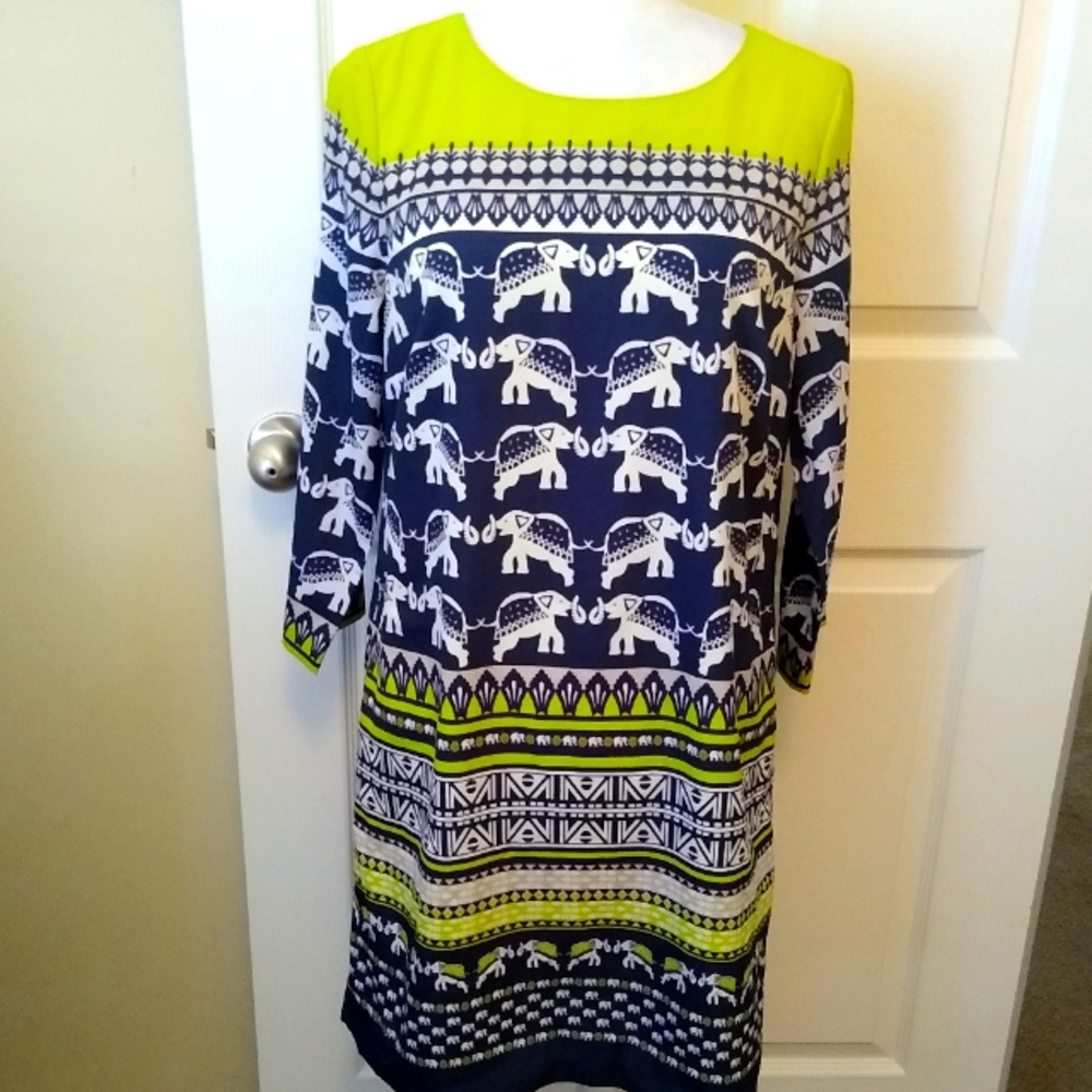 CROWN & IVY elephant dress blue and neon green. Size 6